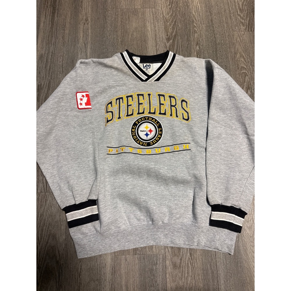 Vintage Lee Sport Pittsburgh Steelers Sweatshirt Gray V-Neck Embroidered Mens L